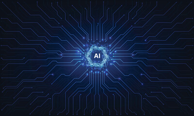 Obraz premium Abstract digital AI robot on circuit board light blue background. Chat bot and circuit tech bg. Digital character in low poly wireframe vector illustration.