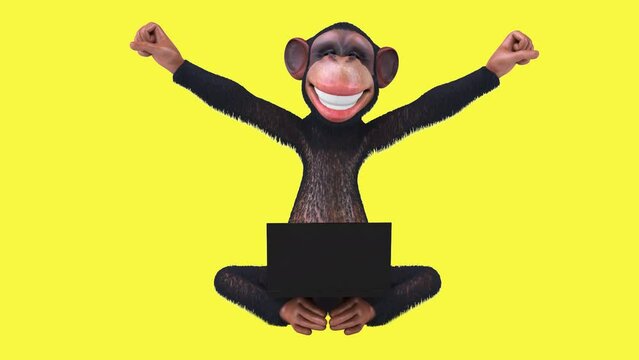 Fun 3D cartoon monkey character with a laptop (with alpha channel)