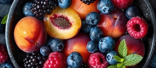 Obraz premium A vibrant assortment of fresh summer fruits including peaches, blueberries, blackberries, and raspberries, garnished with mint leaves in a bowl.