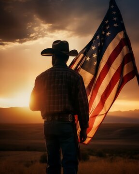 A cowboy, silhouetted by a sunset, holds an American flag in a vast open landscape, embodying the spirit of the American West and patriotism.