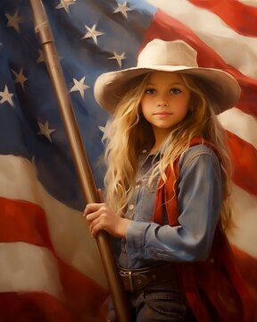 A young girl in a cowboy hat holds a U.S. flag, standing against a backdrop of stars and stripes in a dreamy, patriotic scene.