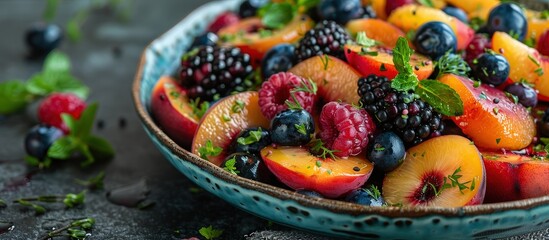 A vibrant and colorful summer fruit salad featuring fresh berries, peaches, and mint leaves, beautifully presented in a ceramic bowl.