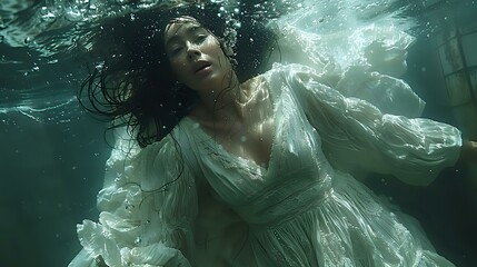 Artistic portrait of a woman underwater, representing serenity and dreamlike states. Perfect for themes of art, tranquility, and underwater photography.