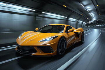 Obraz premium A bright orange sports car racing through a tunnel at high speed with dynamic lighting.