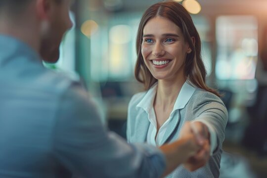 The smiling mid-aged business woman manager is hand-shaking in greeting to her client in the office. The female executive is standing at the meeting table, making a deal with her partner while