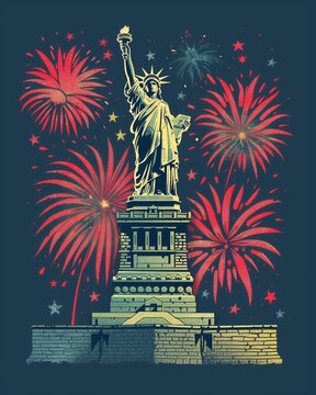 A vibrant illustration of the Statue of Liberty, surrounded by colorful fireworks in a night sky. The image captures a festive and patriotic celebration.