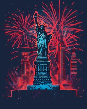 A vibrant illustration of the Statue of Liberty with red fireworks and cityscapes in the background, evoking themes of celebration and patriotism.