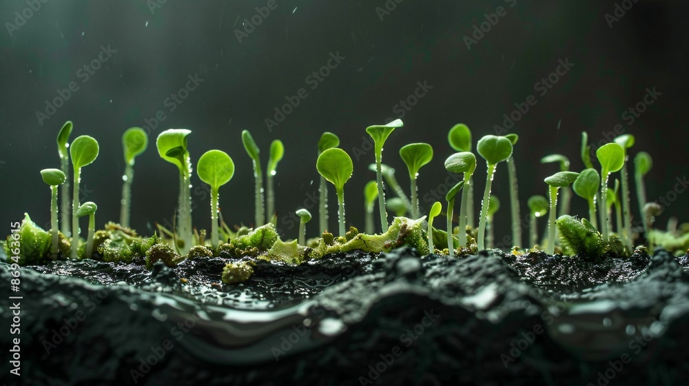 Wall mural AI generated illustration of a close-up of small plants growing in soil