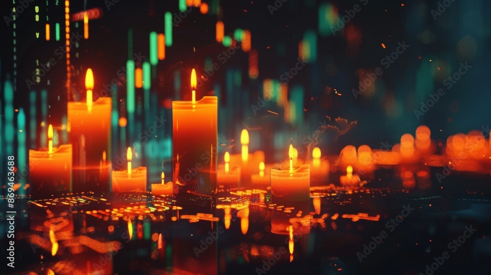 Poster business background with digital financial chart indicators, graphs on a dark bokeh background