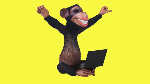 Fun 3D cartoon monkey character with a laptop (with alpha channel)