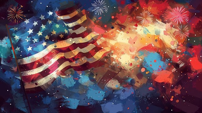 An abstract painting featuring the American flag with vibrant colors and fireworks in the background, creating a festive and patriotic atmosphere.