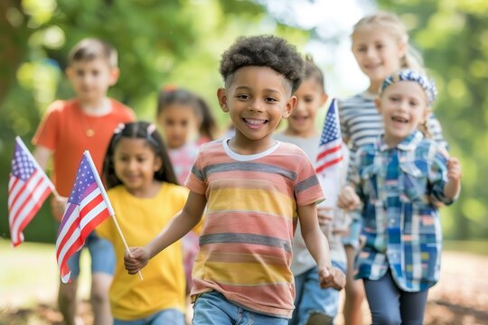 A diverse group of children happily waving American flags, walking together outdoors in a green park during a sunny day.