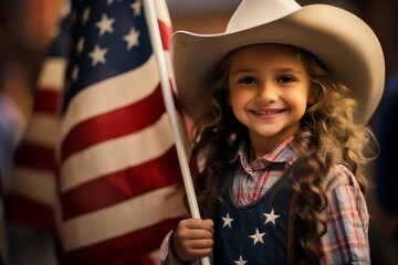 A cheerful young girl dressed in a cowboy hat and star-spangled outfit holds an American flag, celebrating a patriotic event.