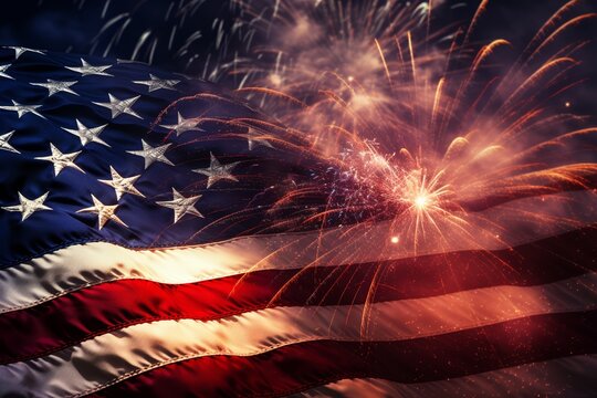The image shows the American flag waving proudly with a backdrop of colorful fireworks exploding in the night sky.