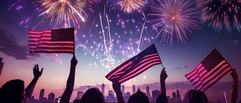 People wave American flags as fireworks light up the sky above a city skyline at dusk.