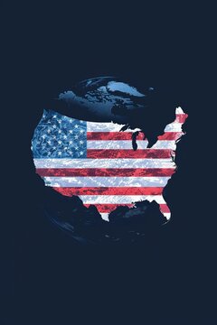 A depiction of the USA flag overlay on the outline of the United States with a dark blue background.