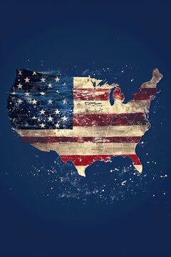 Artistic depiction of the United States map with an American flag overlay on a dark blue background.