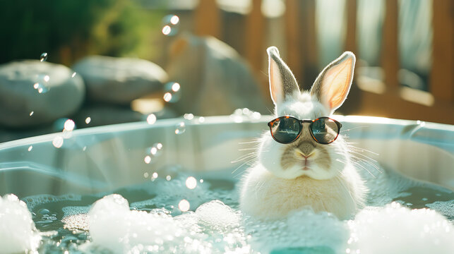Humorous white rabbit with sunglasses lounging in a hot tub filled with bubbles, shot on a Canon EOS R6 with a 24-70mm lens.
