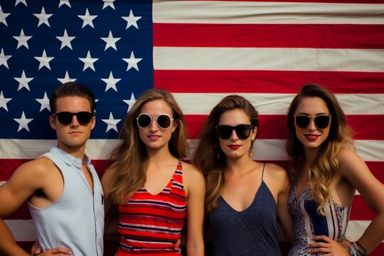 Four individuals in sunglasses pose confidently in front of a large American flag backdrop.