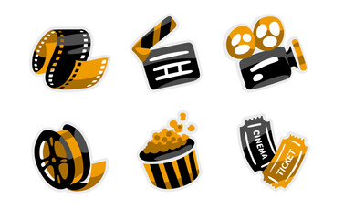 Movie icons set. Collection of stickers for online cinema web design. Film strip, director clapperboard, camera, tickets and popcorn. Vector illustration.