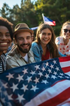 A cheerful group of friends celebrating outdoors, holding an American flag. They are smiling and enjoying the occasion with US flags in the background.