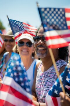 People at an outdoor event wave American flags, smiling and celebrating under bright daylight.