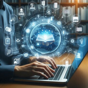 The concept of an e-library involves a person using a laptop with virtual e-book icons representing electronic books available online, generated by AI