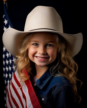 A young girl with long curly hair smiles warmly while wearing a cowboy hat and holding an American flag against a dark background.