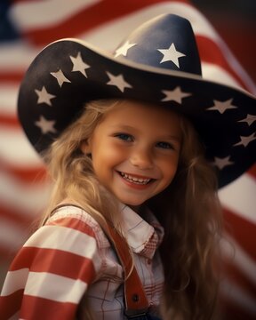 A cheerful child in a star-decorated cowboy hat and American flag-themed clothing smiles, with the American flag visible in the background.