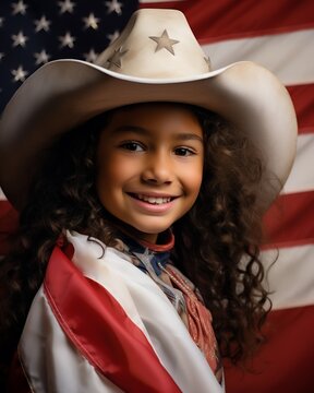 A young girl in a cowboy hat smiles proudly with an American flag in the background, wrapped in patriotic fabric. Her expression radiates happiness and pride.