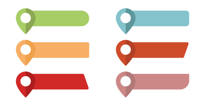 Map pointers icon set. Location icons or geolocations. Vector design element set. Pointer icon pin on the map with space for text. Pin text tag.