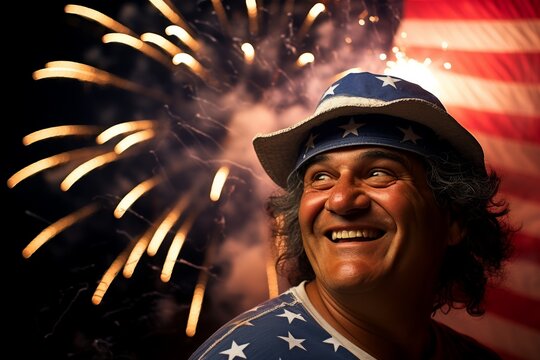 A person wearing a star-patterned shirt and hat smiles joyfully with fireworks and an American flag in the background.