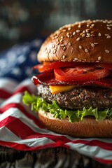 American burger with flag of United States. Independence day, 4th of July food concept. Ai Generative