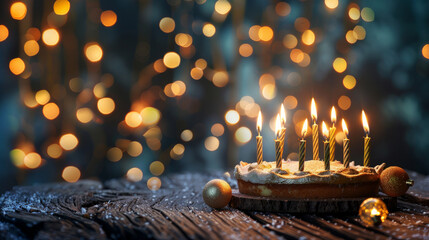 61 golden candles on a cake, with a wooden holiday background. The concept of celebrating a birthday, anniversary, or holiday.