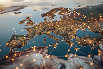 Artistic world map with illuminated connections, symbolizing global network and connectivity. Perfect for themes of technology, globalization, and communication.