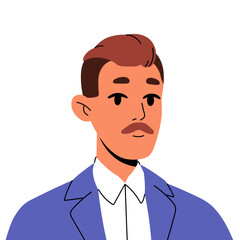 Fototapeta premium Adult business man with mustache avatar. Portrait of person in suit for user profile. Male face with moustache, head of office worker, employee. Flat isolated vector illustration on white background