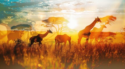 Scenic African savannah at sunset featuring giraffes and zebras grazing among tall grass with acacia trees in the background.