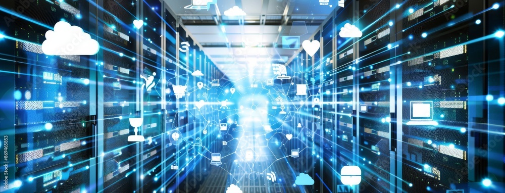 Poster internet data center room with servers and networking devices on rack cabinet and kvm monitor with c