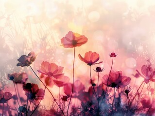Naklejka premium A dreamy, artistic depiction of pink wildflowers in a soft, blurred background, evoking a serene and romantic atmosphere at sunset.