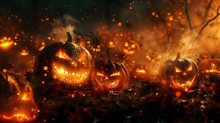 Spooky Halloween scene with glowing pumpkins and a haunted house, creating an eerie and festive atmosphere. Ideal for themes of Halloween, celebration, and autumn.