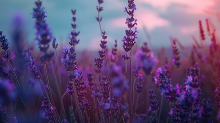 Fototapeta premium Beautiful field of lavender flowers at sunset with vibrant purple and pink hues, creating a tranquil and serene atmosphere.