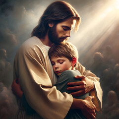 Jesus hugging and embracing little boy in arms