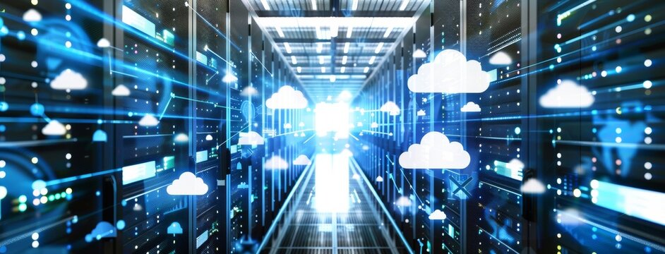 An internet data center room with a rack cabinet containing servers and networking devices, a KVM monitor and cloud computing icon with connections, cloud computing concept.