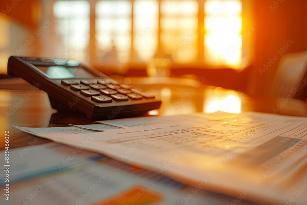 Poster calculator with graphs and charts on desk, calculator with abstract financial concepts.