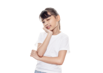 Tooth ache concept. Asian girl feeling pain holding his cheek with hand, suffering from bad toothache isolated on white background with clipping path.