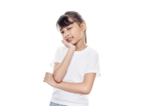 Tooth ache concept. Asian girl feeling pain holding his cheek with hand, suffering from bad toothache isolated on white background with clipping path.