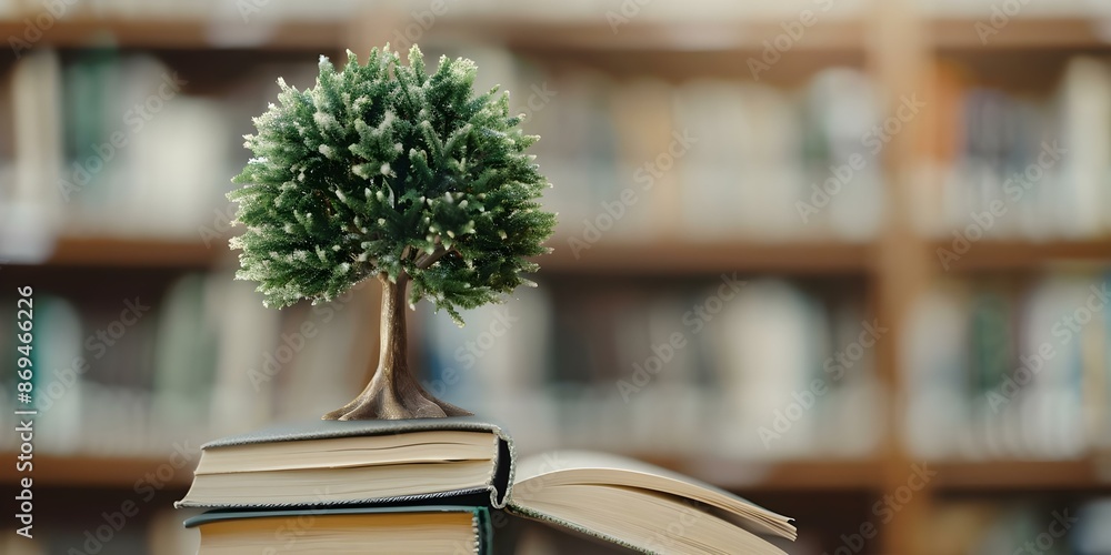 Poster library scene with stack of books tree of knowledge and old book. concept library scene, stack of bo