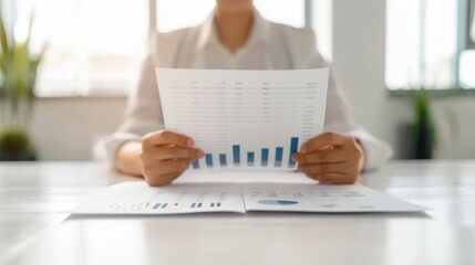 Business person analyzing financial data report with blue bar graph in modern office. Professional assessment and strategic planning.