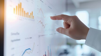 Business professional analyzing financial data on a digital screen with graphs and charts, pointing at data for strategic decision-making.