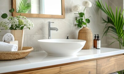 Bright bathroom with a blank canvas above the sink